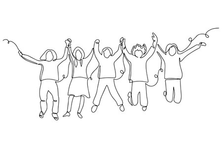 Continuous one line drawing of happy joyful jumping children holding hands. Vector illustration. Concept for card, banner, poster. Vectorのイラスト素材