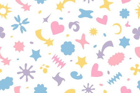 Seamless pattern of multi-colored retro-futuristic design elements. Creative background in Y2K style for social networks, cards, clothing printing. Vectorのイラスト素材