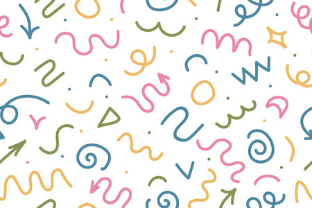 Seamless pattern of straight and wavy marker lines. Highlighting elements, illustrations of permanent markers in the form of checkmarks, arrows in different directions. Attractive visual effects for graphic design, art supplies, stationery. Vector illustrationのイラスト素材