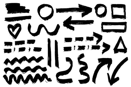 Handmade marker strokes. Marker lines, marker stripes and highlight elements, vector illustrations of permanent markers in the form of check marks, heart, arrows with different direction. Attractive visual effects for graphic design, art supplies, stationery.Vector illustrationのイラスト素材