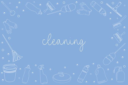 Background of cleaning equipment. Vector illustration isolated on a blue background. Cleaning tools in one line.のイラスト素材