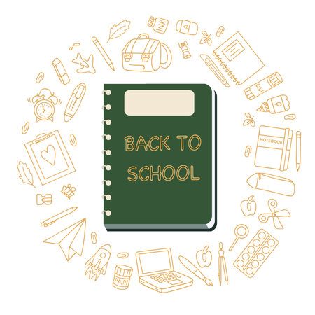 Back to school banner. Stationery set and notebook. School supplies in doodle style. Vector. Vector illustration. Vector iのイラスト素材