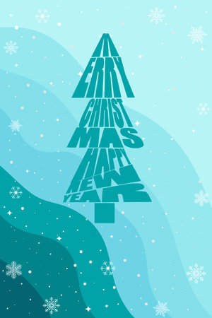 The inscription Merry Christmas and Happy New Year in the form of a Christmas tree. Christmas background with handwritten typography and snowflakes. Vector.のイラスト素材