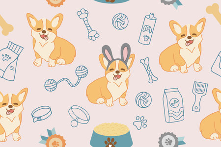 Seamless vector pattern with cute corgi dogs, food and dog accessories. Vectorのイラスト素材
