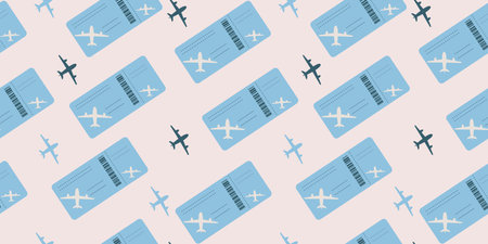 Seamless pattern of plane tickets. Boarding pass for the plane. Illustration highlighted on a white background.のイラスト素材