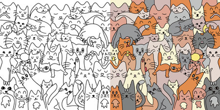Lots of cute cats. Background from cats. Coloring. Vector illustration. Cute and funny cats doodle vector set. Cartoon cat or kitten characters design collection with flat color in different poses. Vector illustrationのイラスト素材
