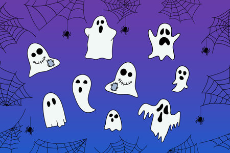 Cute autumn backgrounds with ghosts, spider web. Colorful vector template for social media post, flyer, postcard design. Vector.のイラスト素材