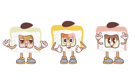 Set of cute kawaii sushi and roll icons with smiling faces. Japanese traditional cuisine dishes. Can be used for printing on t-shirts, stickers, greeting cards, menu design. Vectorのイラスト素材