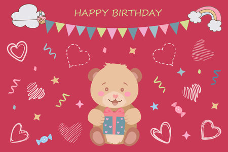 Greeting card cute teddy bear with a gift. Cute childish illustration for greeting cards, children's posters. Vector illustrationのイラスト素材