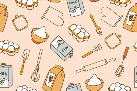 Colorful seamless pattern of baking accessories. Kitchen cooking utensils in doodle style. Vector illustrationのイラスト素材