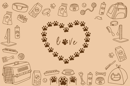 Hand drawn pet shop assortment in doodle style. Vector illustration. Vector illustrationのイラスト素材