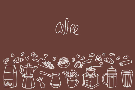 Coffee set. Caffeine drinks, brewing accessories, other. Vector illustrations in doodle style. Vectorのイラスト素材