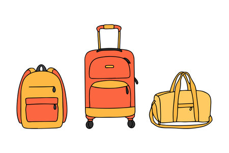 Set of travel bag, tourist backpack and suitcase. Carry-on luggage, rotating luggage-spinner and sports bag. Design elements. Vectorのイラスト素材