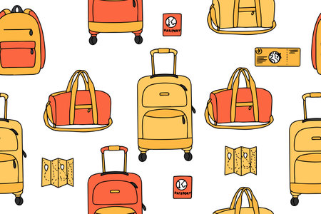 Seamless pattern of luggage bags, suitcases, travel backpack in doodle style. Vacation, travel, holiday concept. Hand drawn vector seamless pattern. Background, wallpaper. Colorful fashion illustration. Vectorのイラスト素材