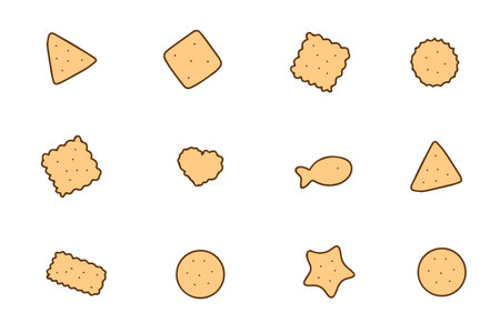 Collection of cookies and crackers of different shapes isolated on white. Popular street snack, hand drawn, Vectorのイラスト素材