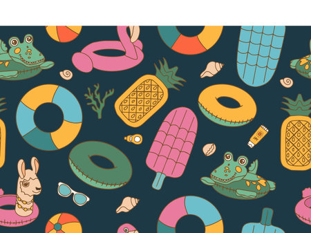Seamless bright pattern of doodle elements of swimming rings, balls, sunglasses and a mask in doodle...