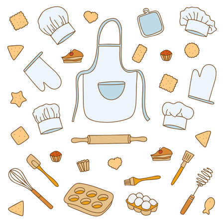 fashionable collection of baking accessories. Pastry chef set for cooking delicious pastries in doodle style on white background. Vector. Vector illustrationのイラスト素材