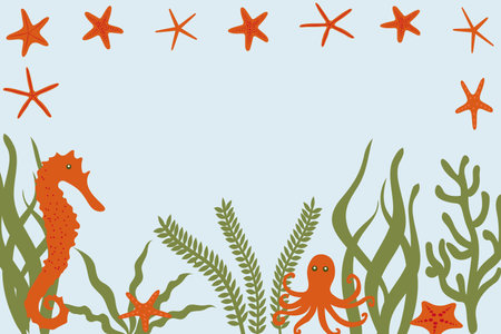 Colorful banner underwater world. Set of icons illustrations of various sea creatures and plants. Vectorのイラスト素材