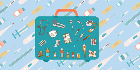 Hand drawn medical illustrations. Healthcare, pharmacy, medical icons collection. Medical items background. Vector.のイラスト素材