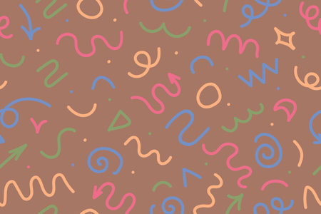 Funny colorful seamless pattern of lines. Creative abstract art background for kids or holiday party design. Trendy texture design with modern basic shapes. Vectorのイラスト素材