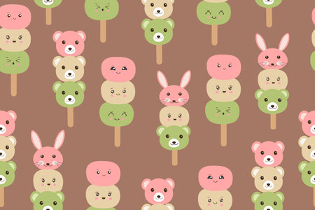 Japanese dango dessert with 3 different colors. Seamless pattern of traditional dessert on mocha mousse color background. Vectorのイラスト素材