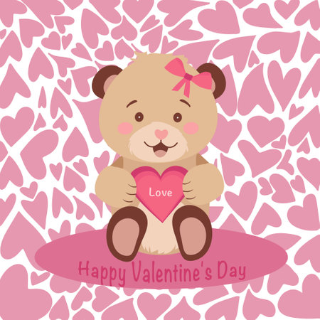 Cute teddy bear holding a heart in his paws. Valentine's Day, Teddy Bear Day drawing. Holiday card on pink hearts background. Vectorのイラスト素材