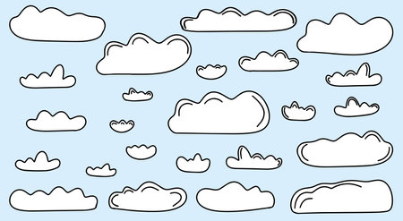 White clouds of different shapes and sizes in doodle style. Hand drawn clouds on a blue background. Vector illustration. Vectorのイラスト素材