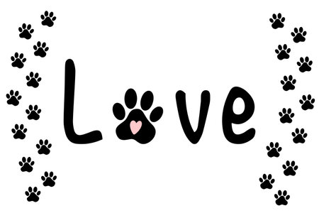 Lettering love and animal paw print. Vector illustration isolated on white background.のイラスト素材