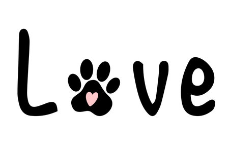 Lettering love and animal paw print. Vector illustration isolated on white background.のイラスト素材