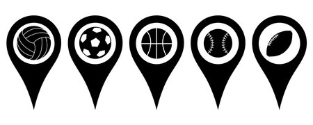 A set of cartographic signs with the image of sports balls. Attach icons on a flat map to mark the location of a sports club, stadium, or competition. Vectorのイラスト素材