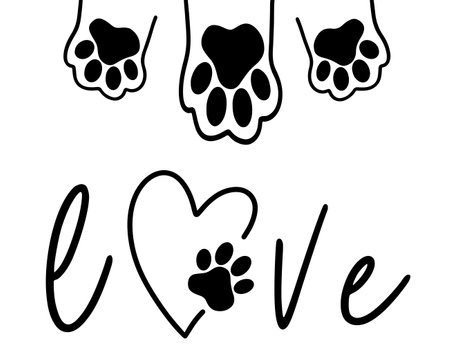 The inscription love and the paw print of the animal in the heart. Love concept. Vector illustration isolated on white background. Vector illustrationのイラスト素材