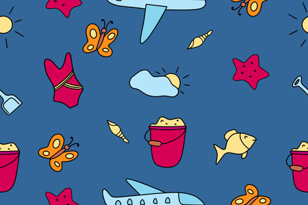 Summer  pattern. Doodle style. Accessories for relaxing by the sea. Suitable for printing, textiles,...