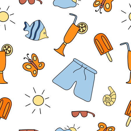 Summer  pattern. Doodle style. Accessories for relaxing by the sea. Suitable for printing, textiles,...
