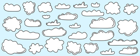 Large collection of white clouds of different shapes and sizes in doodle style. Hand drawn clouds on...