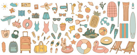 Set of cute summer doodle icons. Colorful elements of beach items and accessories. Hand drawn beach things and sports equipment. Vectorのイラスト素材