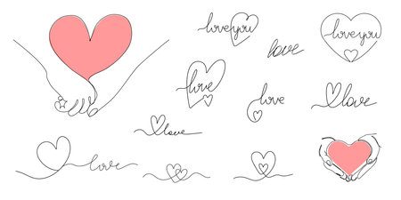 Continuous line drawing of heart, love lettering, Hands holding a heart on a white background. Valentine's day, wedding day concept. Hand drawn logos and emblems for invitations, greeting cards, prints and posters. . Vectorのイラスト素材