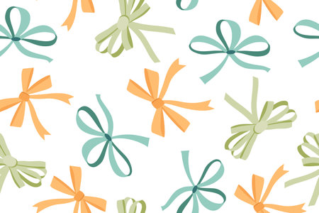 Seamless pattern of colorful bows in flat style. Satin ribbon bows for Christmas presents, gift cards and luxury packaging isolated on white background. Vector illustrationのイラスト素材