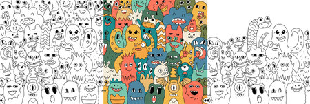 Funny big poster with cute monsters in doodle style. Hand drawn aliens. Colorful multicolored illustration and coloring. Design for kids, comics, education. Vector. Vector illustrationのイラスト素材