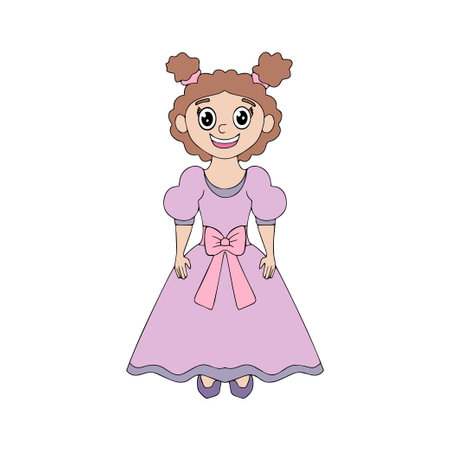 Cute smiling girl in purple dress. Happy cheerful child in doodle style. Back to school illustration for education. Vector illustration for international children's day. Vector illustrationのイラスト素材