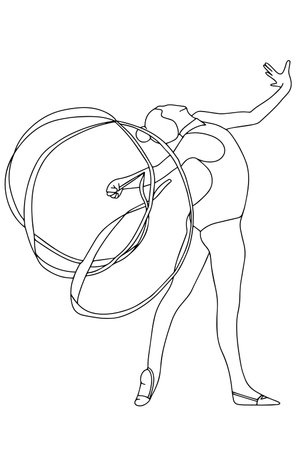 Young rhythmic gymnast performing a ribbon dance. Black and white doodle style illustration on a white background. Hand drawn vector. Vector illustrationのイラスト素材