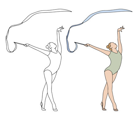Rhythmic gymnast performing a dance with a ribbon. Black and white and color illustration in doodle style on a white background. Healthy lifestyle concept. Hand drawn vectorのイラスト素材