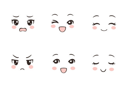 Cartoon Faces Showing Different Emotions Vector Illustration Cute faces display a range of emotions including surprise, happiness, calmness, anger, and joy. Vector illustrationのイラスト素材