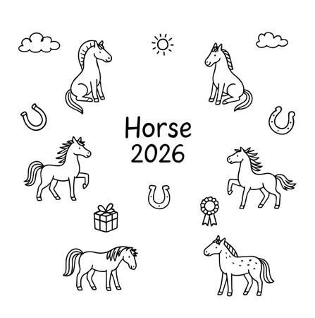 Horses in different poses for 2026 illustration. Doodle style. Cute hand drawn horses. Vector illustrationのイラスト素材