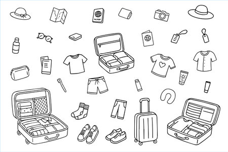 Travel essentials including suitcase, backpack, camera, clothes, maps, hygiene products in doodle style. Vector illustrationのイラスト素材