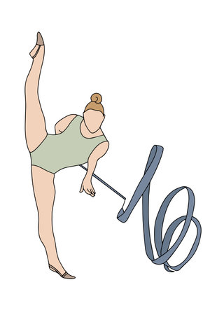 Rhythmic gymnast elegantly performs with a flowing ribbon. The illustration captures a graceful pose with one leg extended high in an athletic display of balance and flexibility. Vectorのイラスト素材