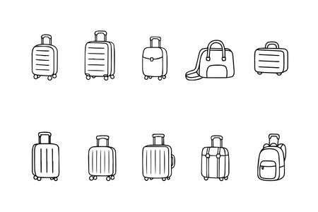 Hand drawn suitcases and travel bags. Vector illustration in doodle style. Vector illustrationのイラスト素材