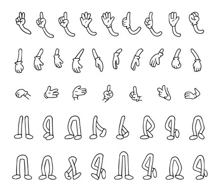 Vector illustration featuring various cartoon hand and leg gestures. Includes open hands, pointing fingers, fists, and different leg positions.のイラスト素材