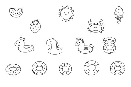 Hand drawn inflatable swimming rings and accessories for beach vacation. Inflatable toys for pool. Vector. Vector illustrationのイラスト素材