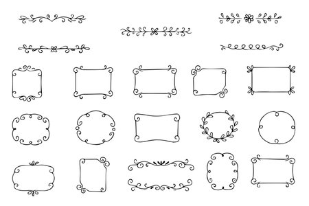 Elegant set of hand-drawn decorative borders and frames in vector format. Includes various shapes and perfect styles for invitations, cards, or scrapbooking projects.のイラスト素材