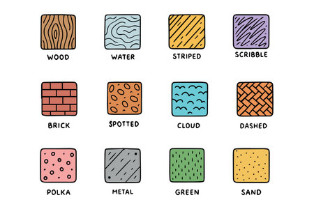 Diverse colorful patterns displayed in a grid. Each pattern, labeled with its type, showcases various textures and styles such as wood, water, striped, and more. Ideal for design reference.のイラスト素材